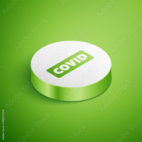 Isometric Corona virus covid-19 icon isolated on green background. Bacteria and germs, cell cancer, microbe, fungi. White circle button. Vector.