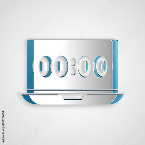 Paper cut Clock on laptop screen icon isolated on grey background. Schedule concepts. Paper art style. Vector