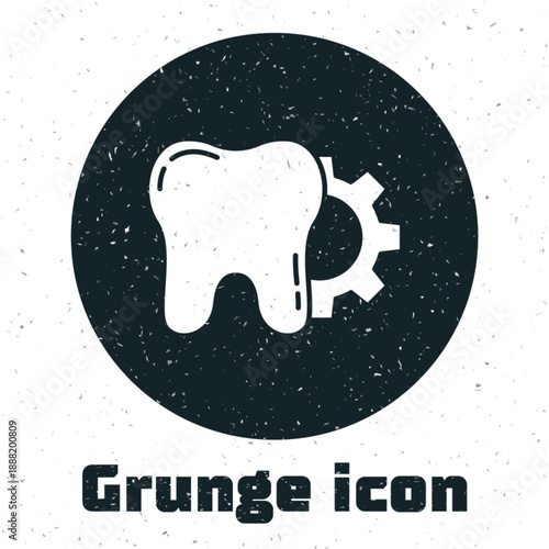 Grunge Tooth treatment procedure icon isolated on white background. Tooth repair with gear. Monochrome vintage drawing. Vector
