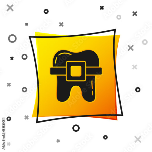 Black Teeth with braces icon isolated on white background. Alignment of bite of teeth, dental row with with braces. Dental concept. Yellow square button. Vector