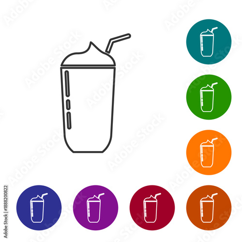Black line Milkshake icon isolated on white background. Plastic cup with lid and straw. Set icons in color circle buttons. Vector