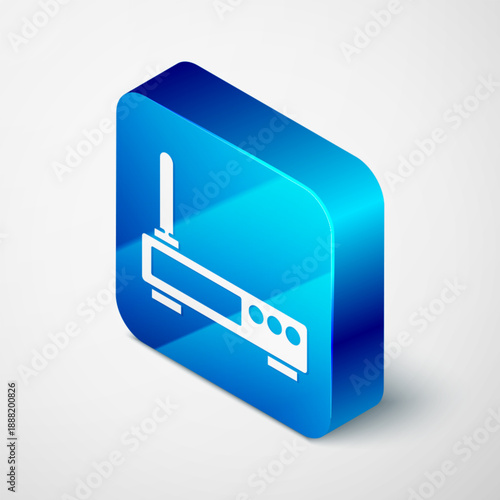 Isometric Router and wi-fi signal icon isolated on grey background. Wireless ethernet modem router. Computer technology internet. Blue square button. Vector