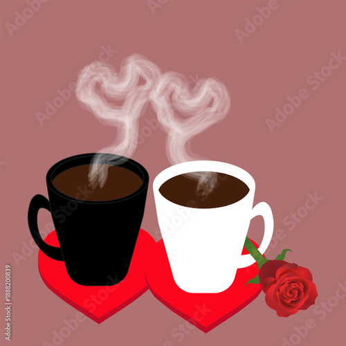 Two Coffee Mugs on Heart Shaped Coasters with Red Rose Bud