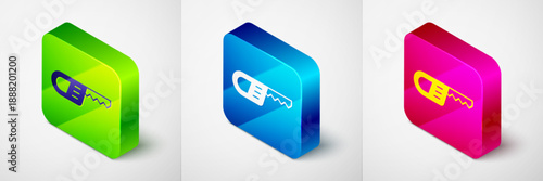 Isometric Reciprocating saw and saw blade icon isolated on grey background. Square button. Vector