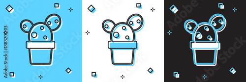 Set Cactus and succulent in pot icon isolated on blue and white, black background. Plant growing in a pot. Potted plant sign. Vector