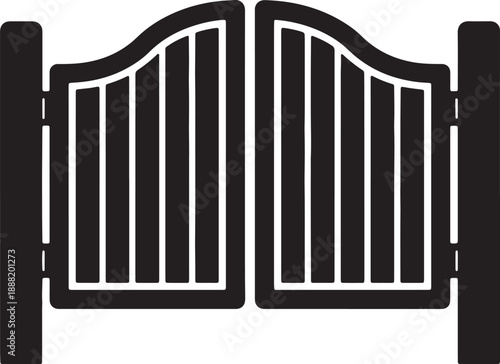 Black and white double door gate with vertical bars and rounded also transparent background