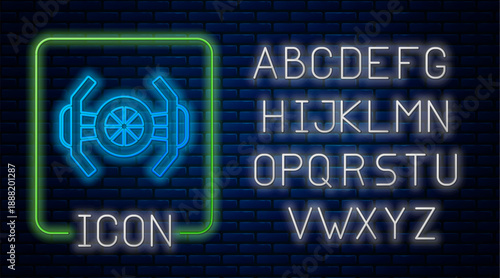 Glowing neon Cosmic ship icon isolated on brick wall background. Neon light alphabet. Vector