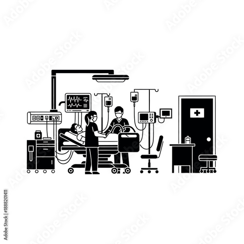 Medical staff attending to a patient in a hospital room with equipment.