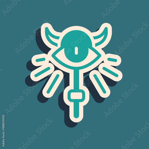 Green Magic staff icon isolated on green background. Magic wand, scepter, stick, rod. Long shadow style. Vector