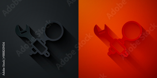 Paper cut Debugging icon isolated on black and red background. Debugging tool. Magnifying glass on bug programming. Testing and setting software. Paper art style. Vector