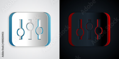 Paper cut Sound mixer controller icon isolated on grey and black background. Dj equipment slider buttons. Mixing console. Paper art style. Vector