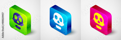Isometric Skull icon isolated on grey background. Happy Halloween party. Square button. Vector