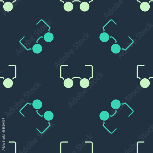 Green and beige Glasses icon isolated seamless pattern on blue background. Eyeglass frame symbol. Vector