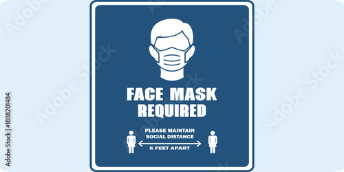 Blue square face mask required sign with icon style. Ideal for hospitals, clinics, airports, public transport, and official COVID-19 safety signage.