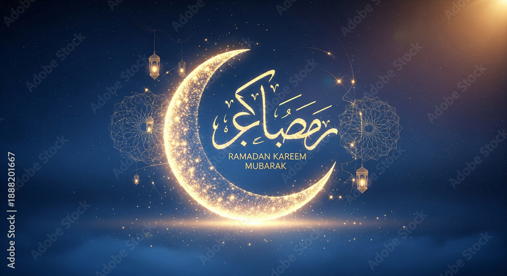 Fototapeta premium Glowing Arabic Ramadan Kareem Mubarak Background with Luxury Islamic Light Patterns