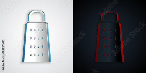 Paper cut Grater icon isolated on grey and black background. Kitchen symbol. Cooking utensil. Cutlery sign. Paper art style. Vector