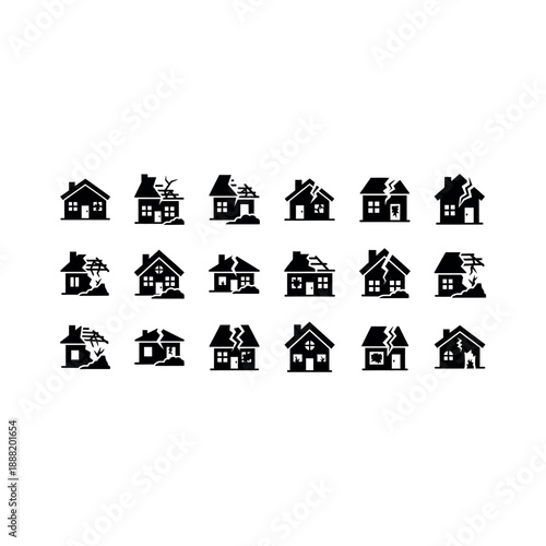 Various damaged houses with smoke and broken windows are shown in black illustrations.