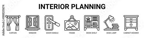 Interior Planning web banner icon vector illustration concept with icon of curtain, window, door handle, frame, book shelf, desk lamp, and cabinet drawer.
