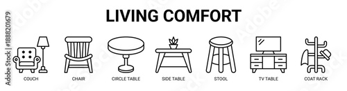 Living Comfort web banner icon vector illustration concept with icon of couch, chair, circle table, side table, stool, tv table, and coat rack.