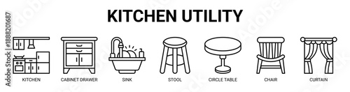 Kitchen Utility web banner icon vector illustration concept with icon of kitchen, cabinet drawer, sink, stool, circle table, chair, and curtain.