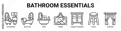 Bathroom Essentials web banner icon vector illustration concept with icon of bathroom, bathtub, sink, frame, cabinet drawer, stool, and curtain.