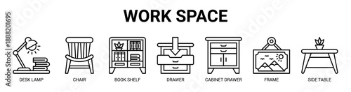 Work Space web banner icon vector illustration concept with icon of desk lamp, chair, book shelf, drawer, cabinet drawer, frame, and side table.