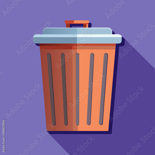 Flat design orange kitchen trash can icon with a lid and pedal, symbolizing waste disposal and recycling on a purple background