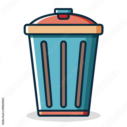 A simple blue trash can icon with a reddish-orange lid and a clean, modern design, perfect for recycling and waste management concepts