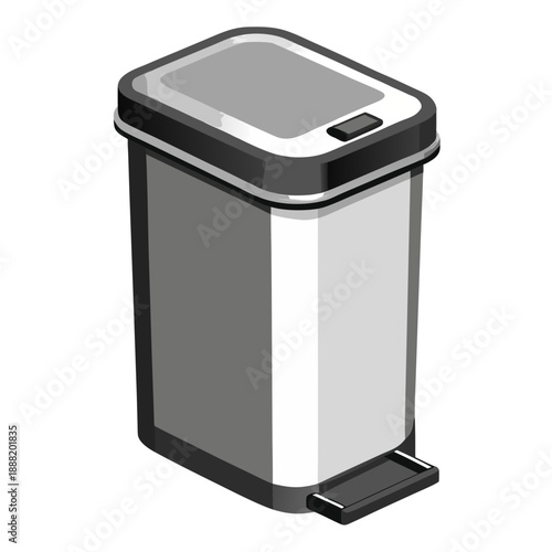 Isometric illustration of a modern stainless steel kitchen trash can with a convenient foot step pedal for hygienic waste disposal, presented as a sleek vector icon