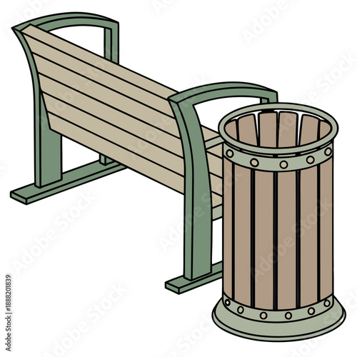 Isometric illustration of a public park bench and a waste bin, depicting essential urban street furniture for leisure and refuse disposal solutions