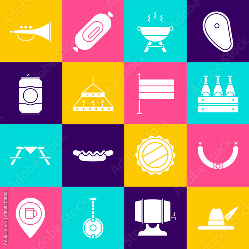 Set Oktoberfest hat, Sausage, Pack of beer bottles, Barbecue grill, Massive steel chandelier, Beer can, Musical instrument trumpet and National Germany flag icon. Vector