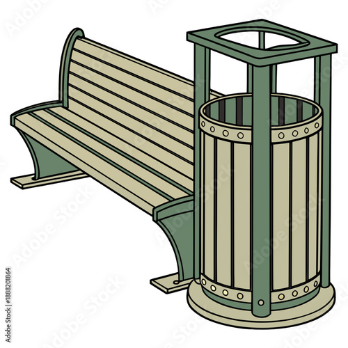 Modern Vector Icon of an Outdoor Park Bench and Waste Bin Combination, Depicting Public Area Furniture and Urban Cleanliness Elements for Community Spaces