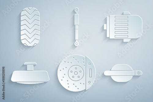 Set Car brake disk with caliper, Electric engine, mirror, door handle, Shock absorber and tire icon. Vector