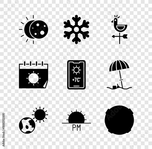 Set Eclipse of the sun, Snowflake, Rooster weather vane, Earth globe and, Sunset, Moon, Calendar and Weather forecast icon. Vector