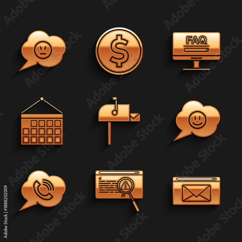 Set Open mail box, System bug concept, Mail and e-mail, Speech bubble with smile face, phone call, Calendar, Monitor FAQ information and angry icon. Vector