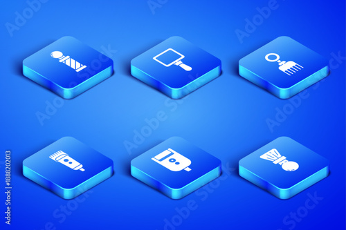 Set Shaving brush, Classic Barber shop pole, Electric razor blade for men, Electrical hair clipper shaver, Hand mirror and Hairbrush icon. Vector