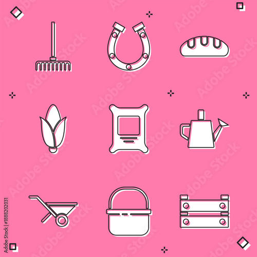 Set Garden rake, Horseshoe, Bread loaf, Corn, Fertilizer bag, Watering can, Wheelbarrow and Basket icon. Vector