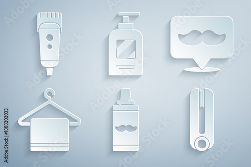 Set Shaving gel foam, Barbershop, Towel on hanger, Curling iron for hair, Bottle of shampoo and Electrical clipper shaver icon. Vector