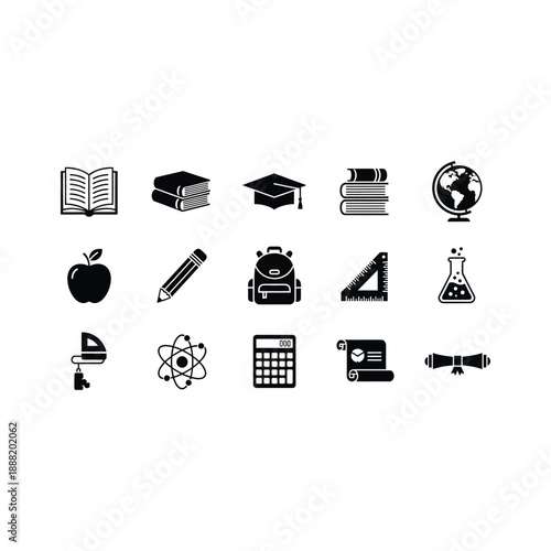 Collection of education icons representing various subjects and concepts in a simple black and white illustration style