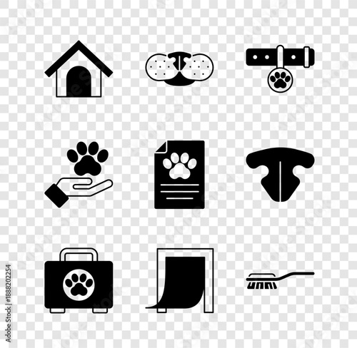 Set Dog house, Cat nose, Collar with name tag, Pet first aid kit, Door for pet, Hair brush dog and cat, Hands animals footprint and Clinical record icon. Vector