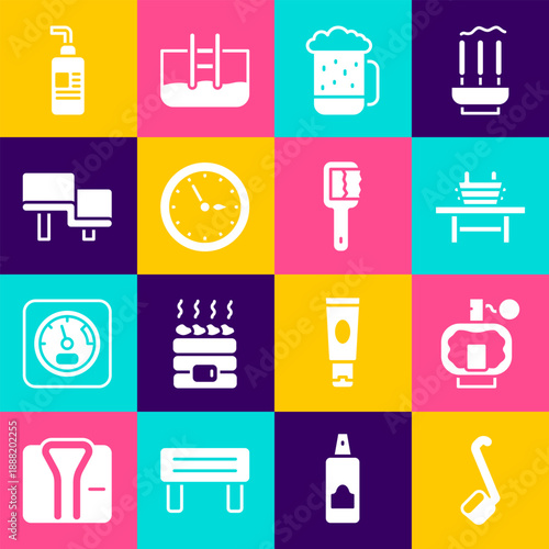 Set Sauna ladle, Aftershave, bench with bucket, Wooden beer mug, clock, wood, Cream or lotion cosmetic tube and brush icon. Vector