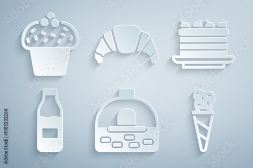 Set Brick stove, Cake, Bottle with milk, Ice cream in waffle cone, Croissant and icon. Vector