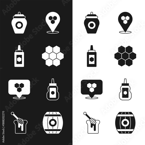 Set Honeycomb, Jar of honey, bee location, Wooden barrel with and dipper stick icon. Vector