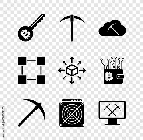 Set Cryptocurrency key, Pickaxe, cloud mining, , ASIC Miner and Mining with monitor and pickaxe icon. Vector