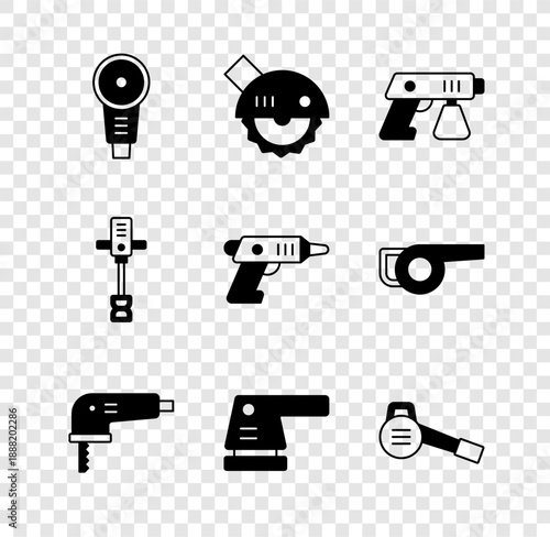 Set Angle grinder, Electric circular saw, Paint spray gun, jigsaw, sander, Leaf garden blower, Electrical hand concrete mixer and cordless screwdriver icon. Vector