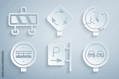 Set Parking, Road traffic sign, Railroad crossing, No overtaking, Roundabout and barrier icon. Vector