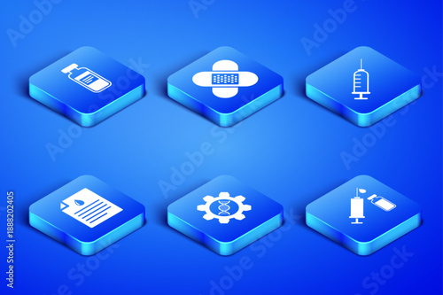 Set Medical syringe and vial, vial, ampoule, Genetic engineering, Clipboard with blood test, Crossed bandage plaster and Syringe icon. Vector