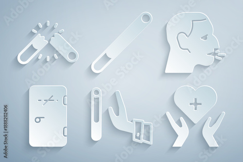 Set Giving up cigarette, Man coughing, No smoking area, Heart with cross, Cigarette and Broken icon. Vector