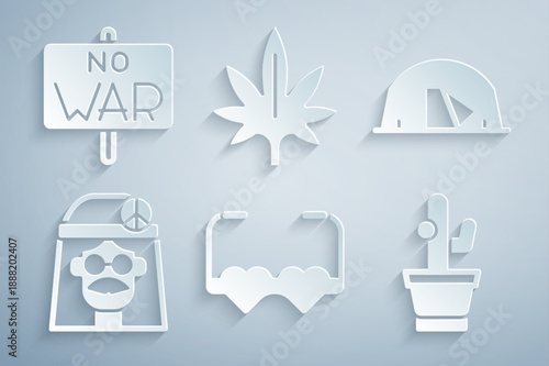 Set Heart shaped love glasses, Tourist tent, Hippie girl, Cactus, Marijuana and No war icon. Vector