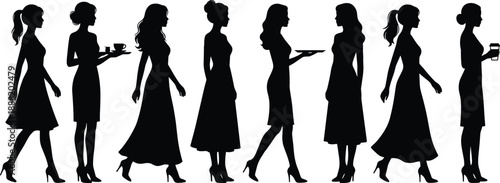 Elegant women silhouettes collection, female walking and serving coffee, waitress lifestyle fashion poses, black vector illustration set